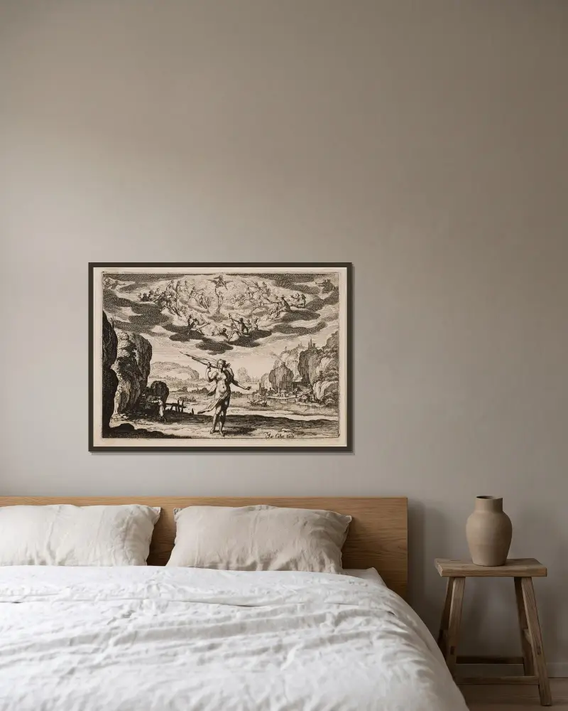Pandora av Jacques Callot inramad på en vägg