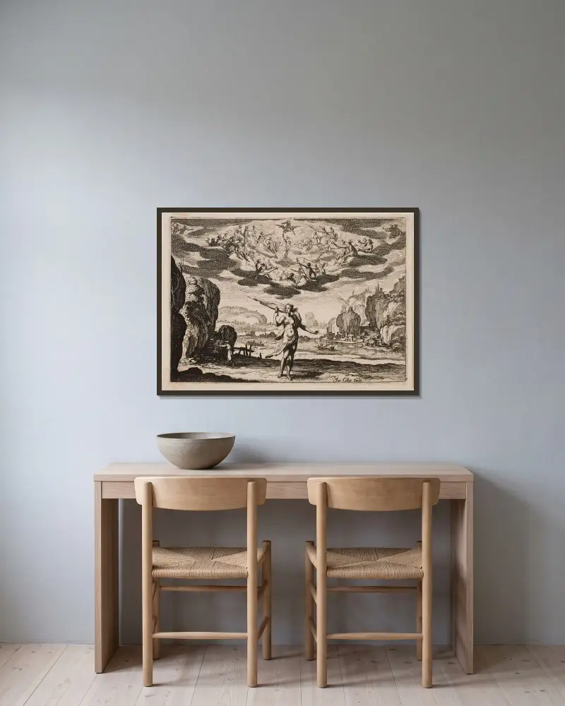 Pandora av Jacques Callot inramad på en vägg