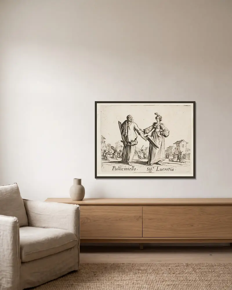 Pulliciniello and Siga Lucretia av Jacques Callot inramad på en vägg