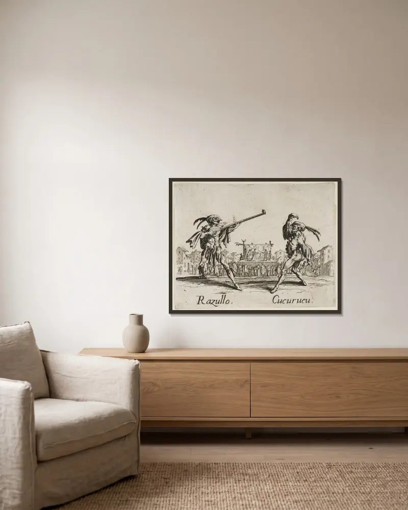 Razullo and Cucurucu av Jacques Callot inramad på en vägg