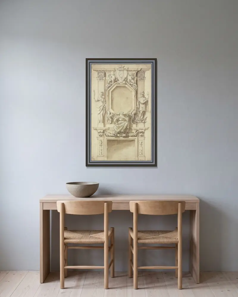Rikt ornamenterad eldstad av Jacques Callot inramad på en vägg