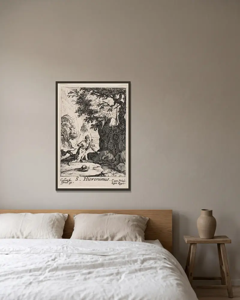 Sankt Hieronymus av Jacques Callot inramad på en vägg