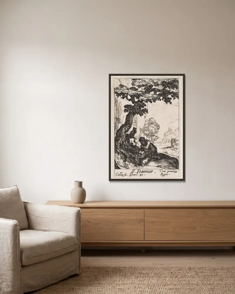 Johannes Döparen av Jacques Callot inramad på en vägg