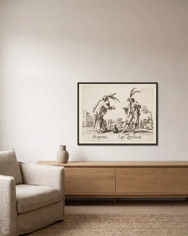 Scapino and Cap. Zerbino av Jacques Callot inramad på en vägg