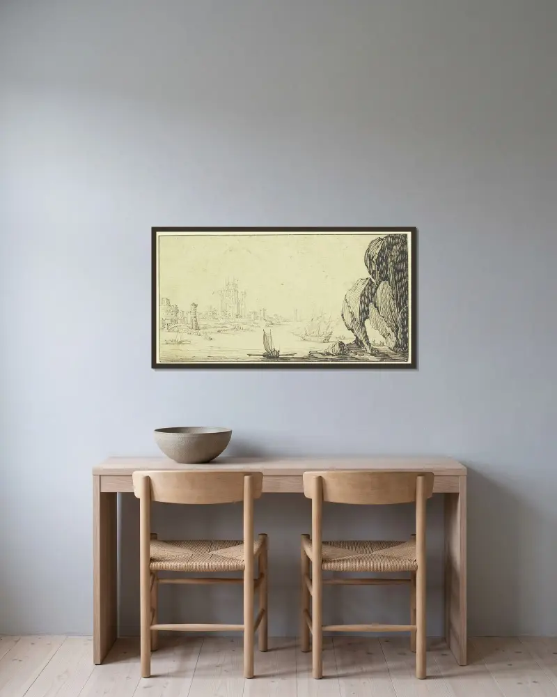 Hamn med skepp, till höger en stor klippa av Jacques Callot inramad på en vägg