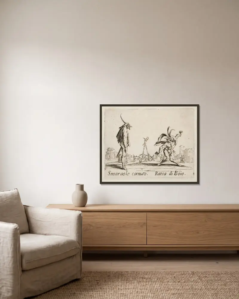 Smaraolo Cornuto and Ratsa di Boio av Jacques Callot inramad på en vägg