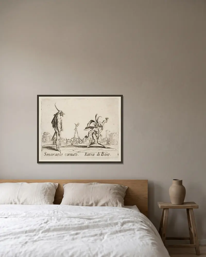 Smaraolo Cornuto and Ratsa di Boio av Jacques Callot inramad på en vägg
