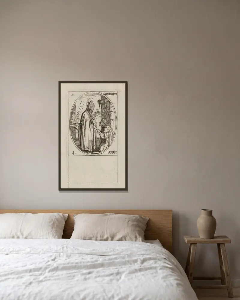 S:t Ambrosius. 4 april av Jacques Callot inramad på en vägg