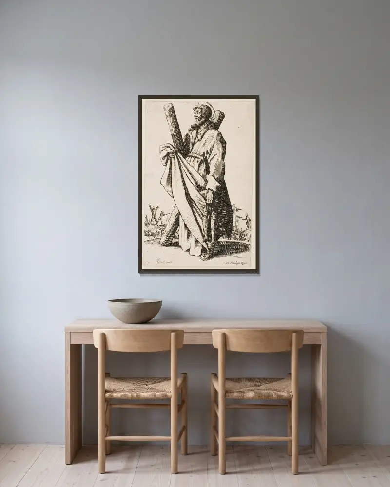 Hl. Andreas von Jacques Callot gerahmt an einer Wand