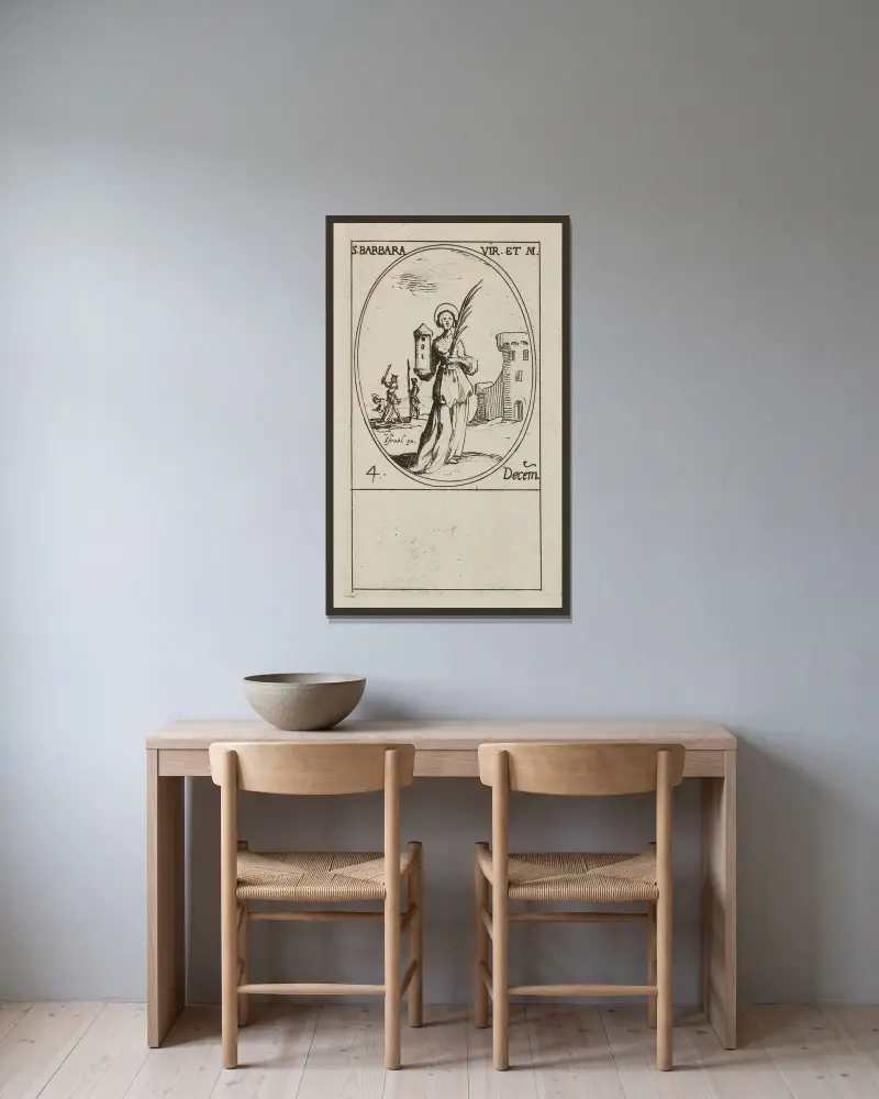 S:ta Barbara, jungfru och martyr. 4 december av Jacques Callot inramad på en vägg