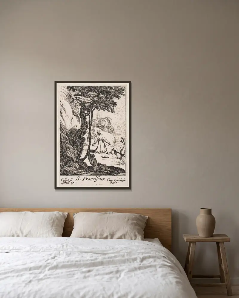 St. Francis av Jacques Callot inramad på en vägg