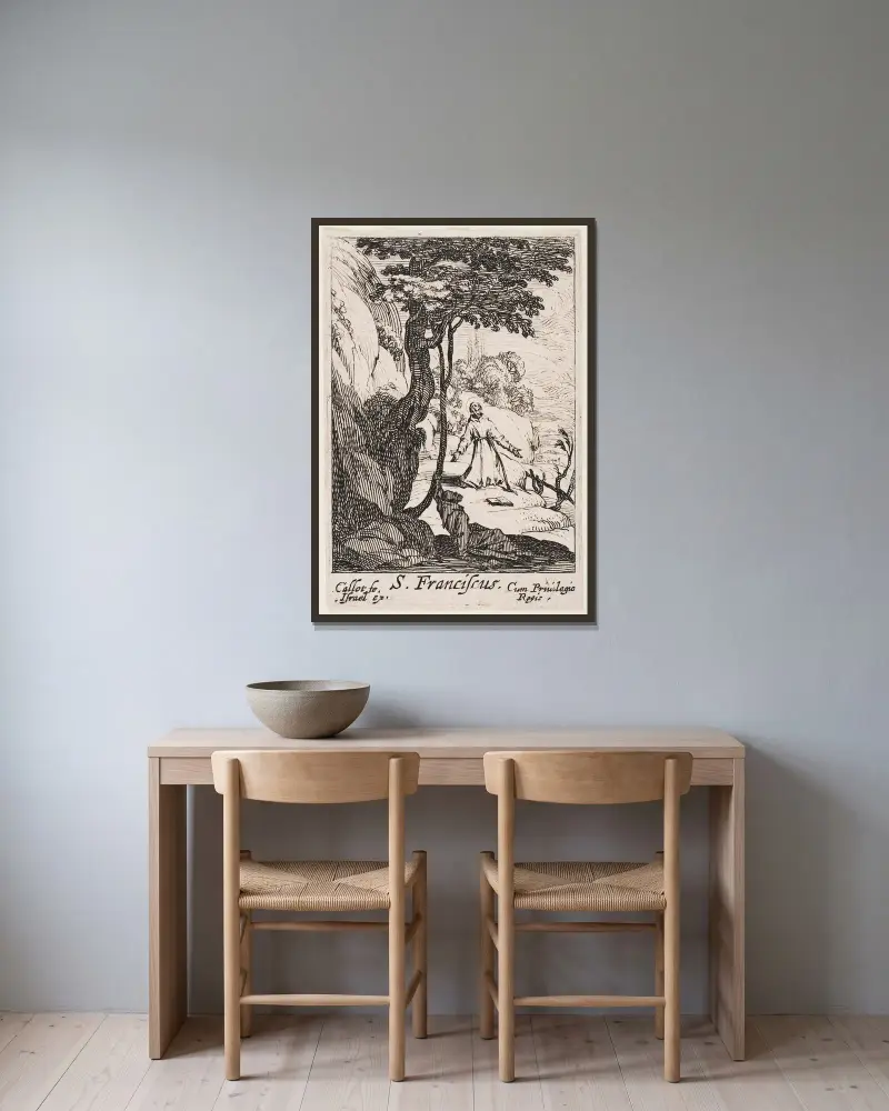 St. Francis av Jacques Callot inramad på en vägg
