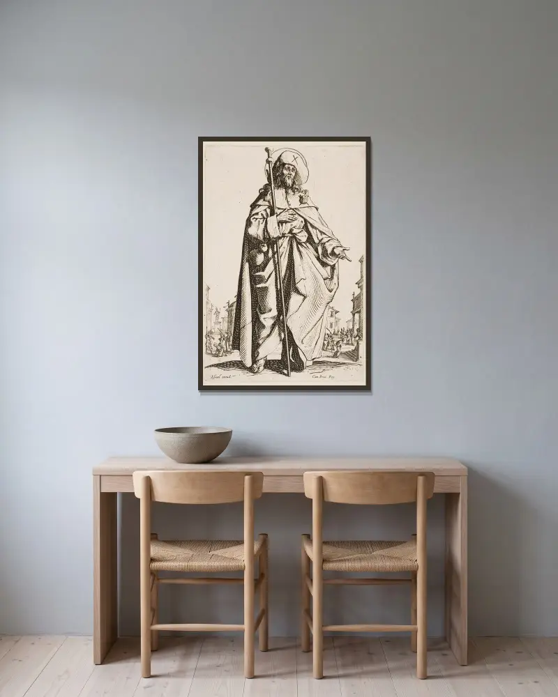 Der heilige Jakobus der Ältere von Jacques Callot gerahmt an einer Wand