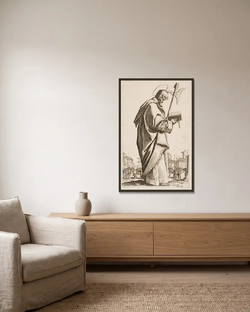 St. Matthias av Jacques Callot inramad på en vägg