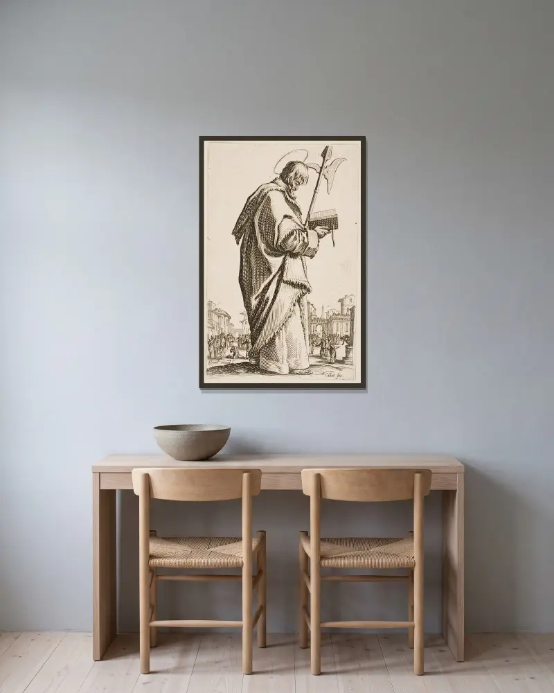 St. Matthias av Jacques Callot inramad på en vägg