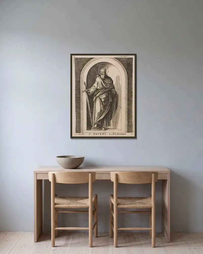 Sankt Paulus av Jacques Callot inramad på en vägg