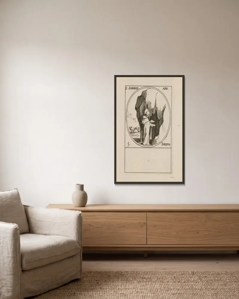 Den helige Sabas. 5 december av Jacques Callot inramad på en vägg