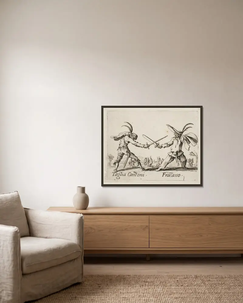 Taglia Cantoni and Fracasso av Jacques Callot inramad på en vägg