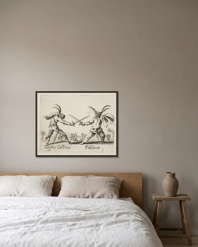 Taglia Cantoni and Fracasso av Jacques Callot inramad på en vägg