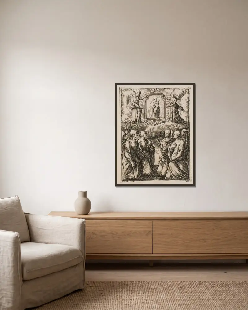 Tillbedjan av Jungfrun och Barnet av Jacques Callot inramad på en vägg