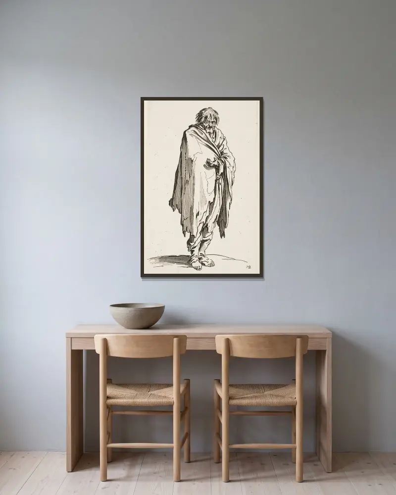 Der barfüßige Bettler von Jacques Callot gerahmt an einer Wand
