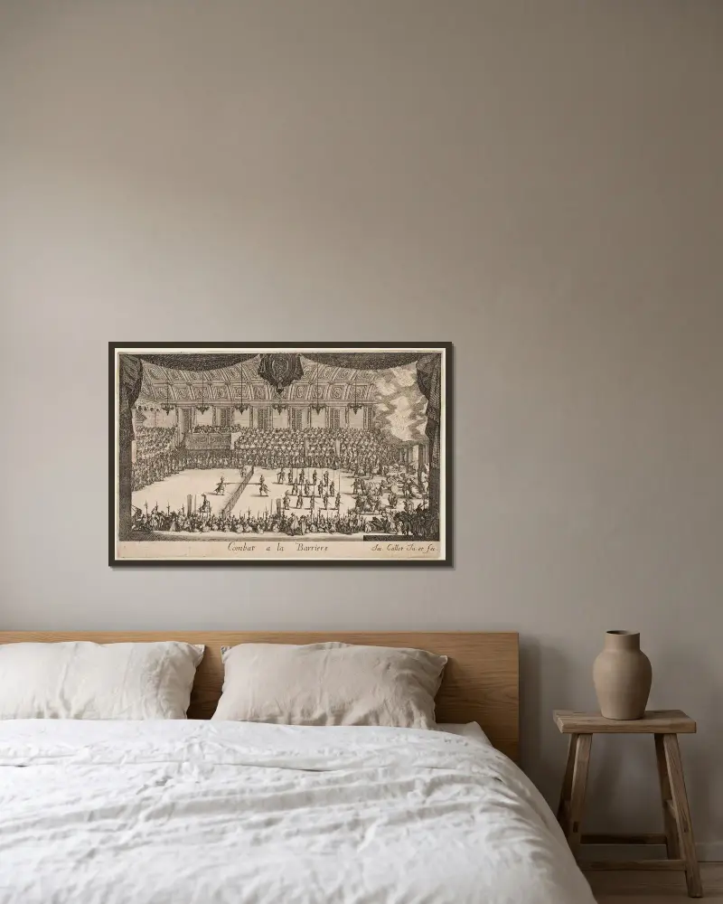 The Battle von Jacques Callot gerahmt an einer Wand