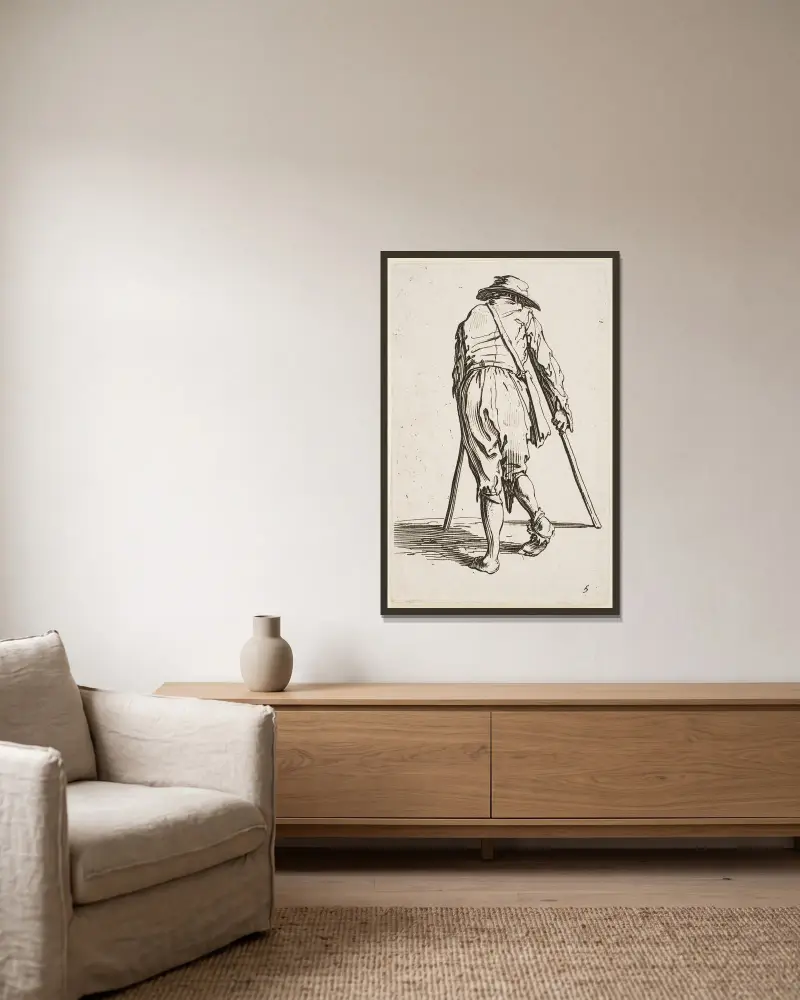 Tiggaren på kryckor med hatt, sedd bakifrån av Jacques Callot inramad på en vägg