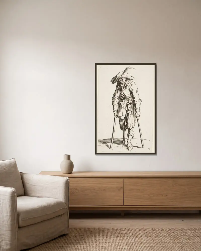 Tiggaren med träbenet av Jacques Callot inramad på en vägg