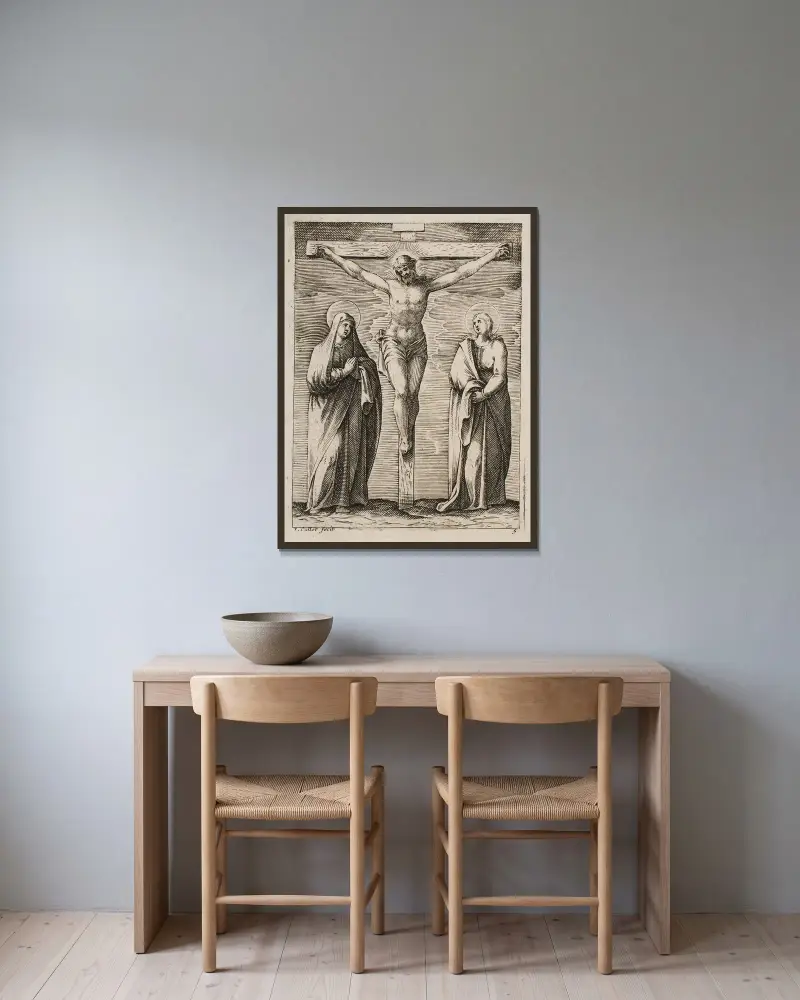 Den heliga jungfrun och sankt Johannes vid korsets fot av Jacques Callot inramad på en vägg