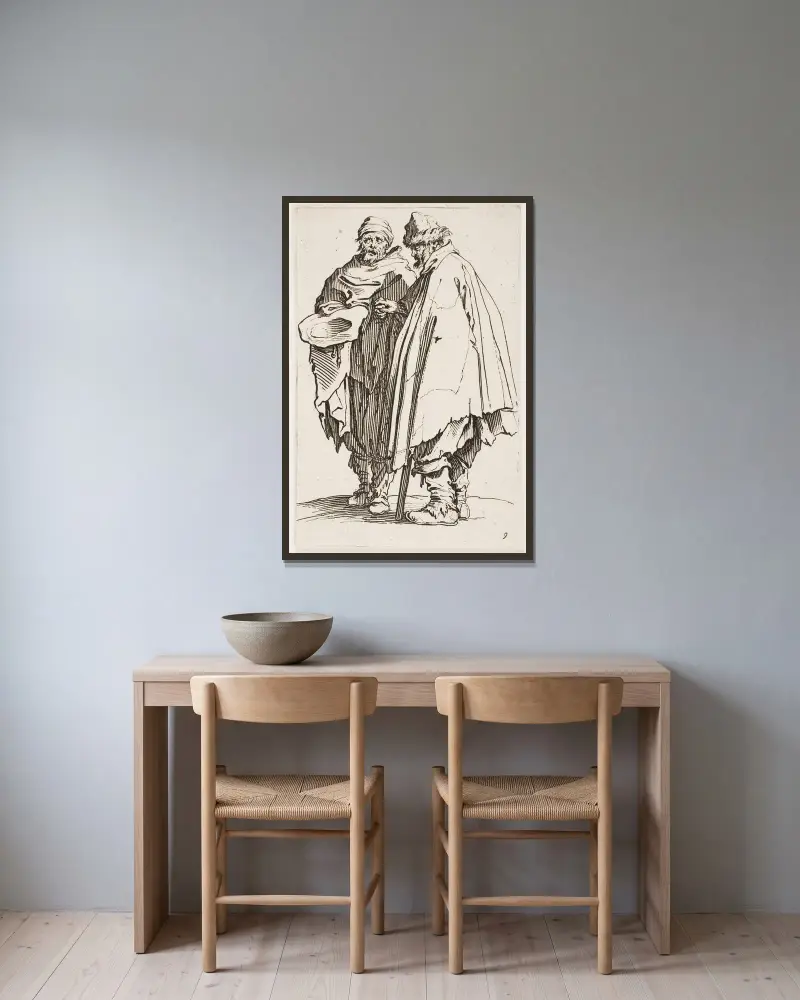 Den blinde och hans följeslagare av Jacques Callot inramad på en vägg
