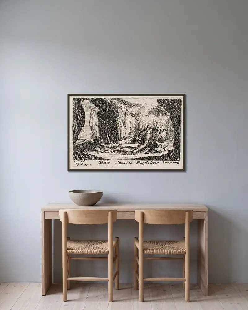 Den heliga Magdalenas död av Jacques Callot inramad på en vägg