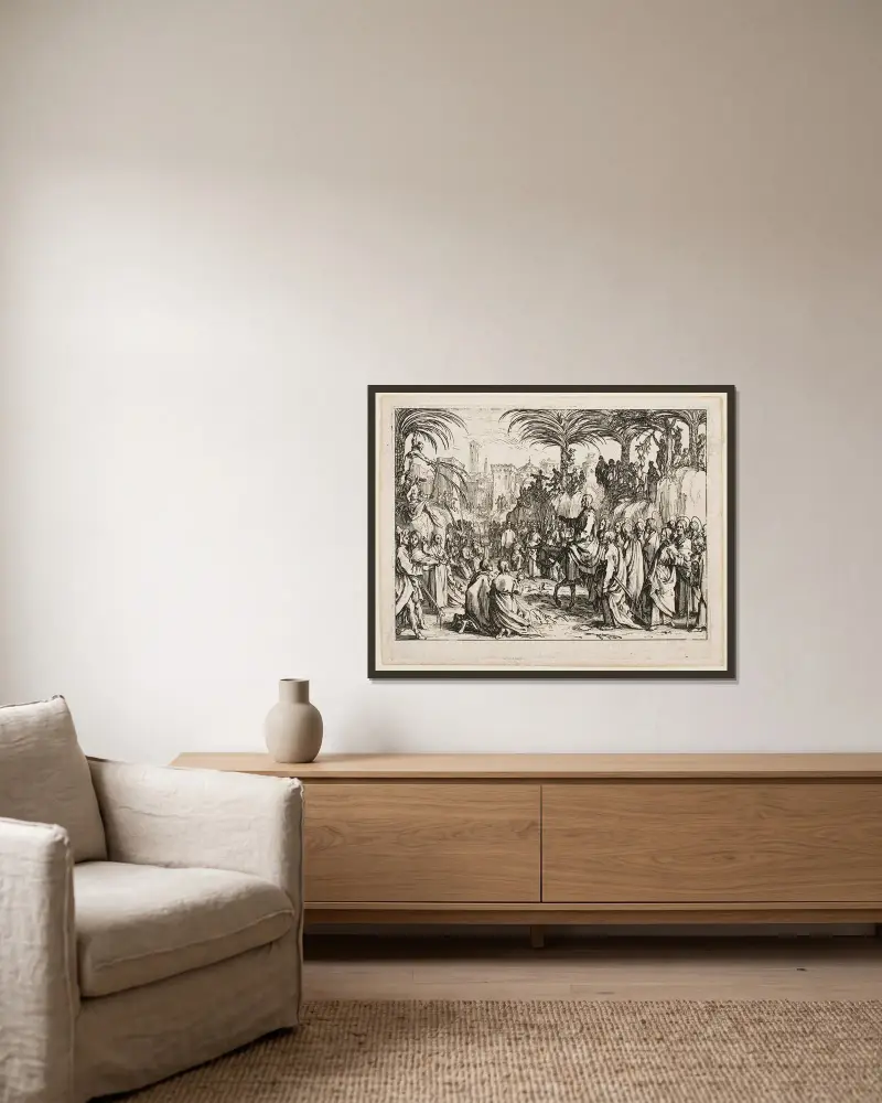Intåget i Jerusalem av Jacques Callot inramad på en vägg