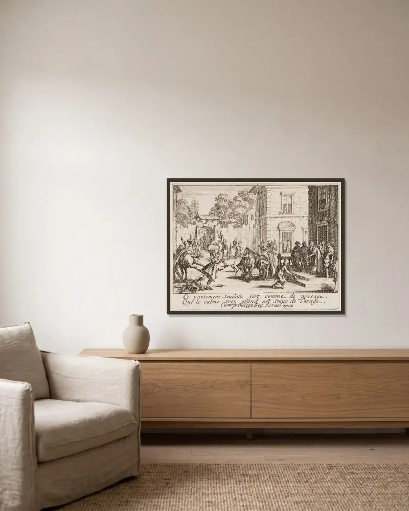 The Farewell von Jacques Callot gerahmt an einer Wand