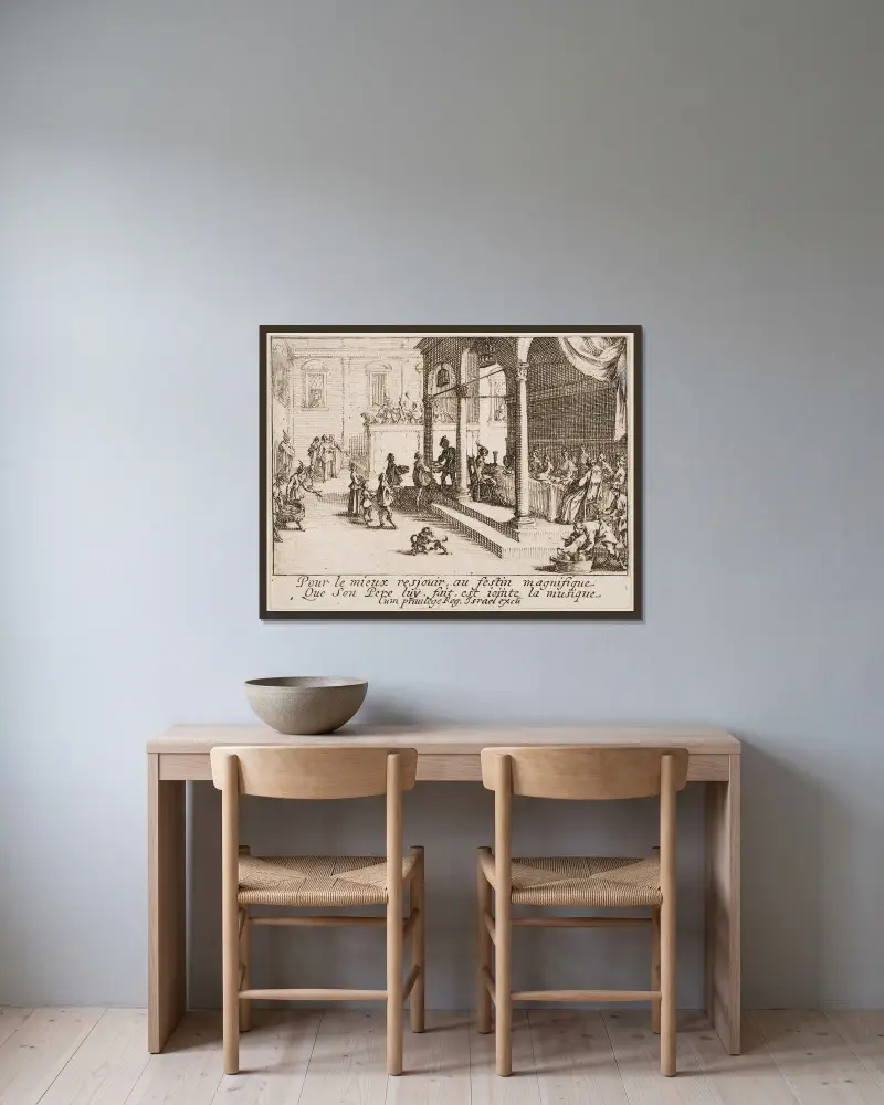 The Feast von Jacques Callot gerahmt an einer Wand