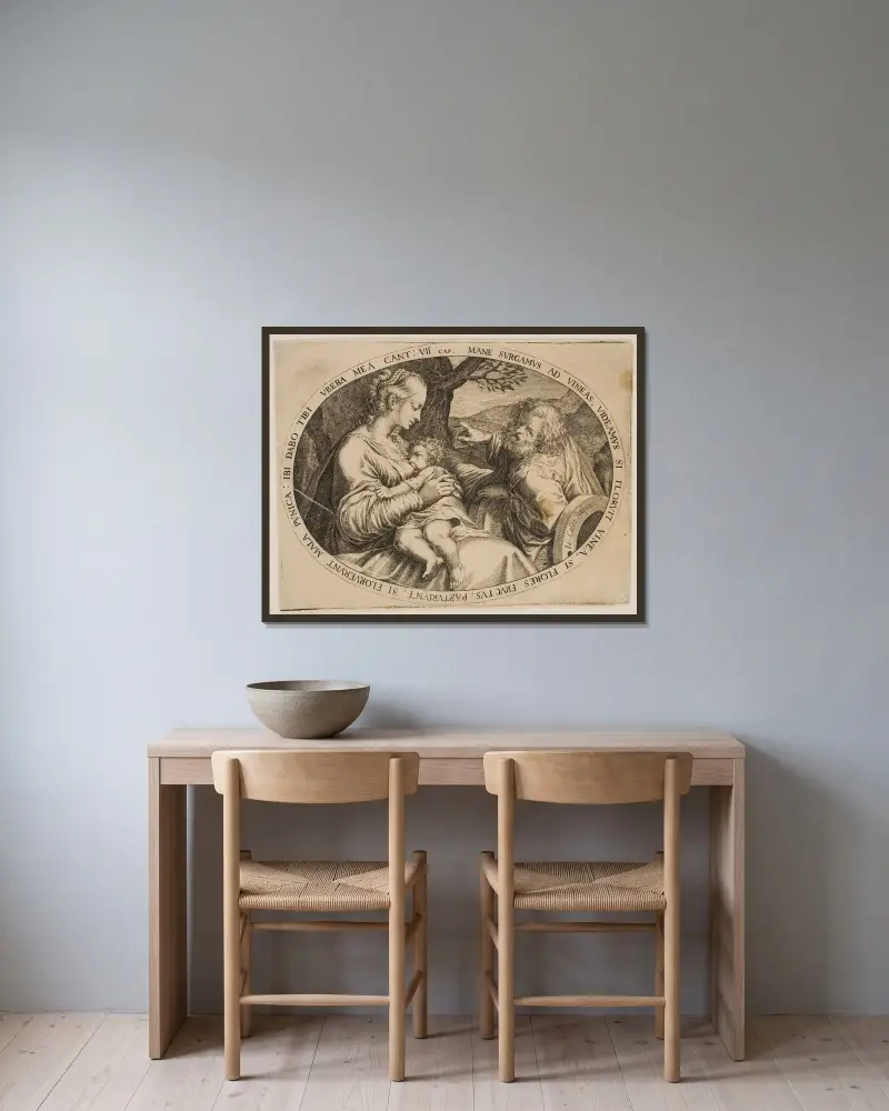 Den heliga familjen på vila av Jacques Callot inramad på en vägg