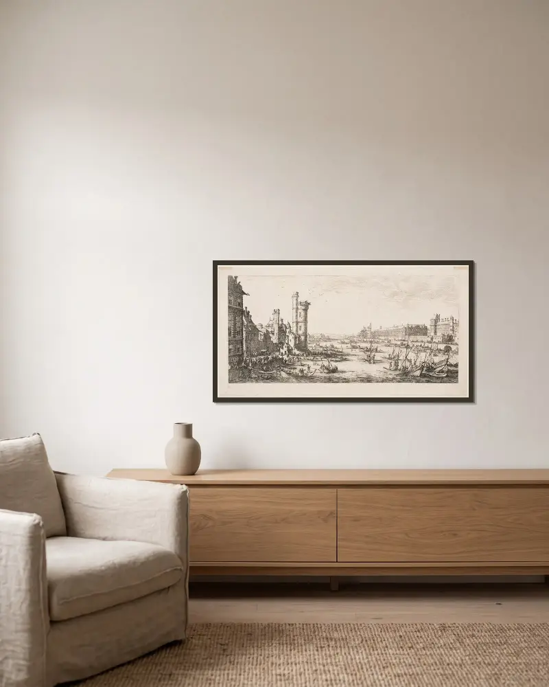 De stora vyerna av Paris; Vy över Louvren av Jacques Callot inramad på en vägg