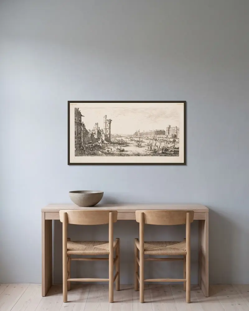 De stora vyerna av Paris; Vy över Louvren av Jacques Callot inramad på en vägg