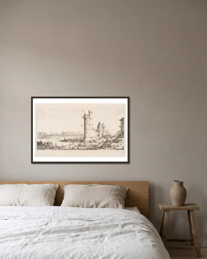 The Large Views of Paris; View of the Pont-Neuf av Jacques Callot inramad på en vägg