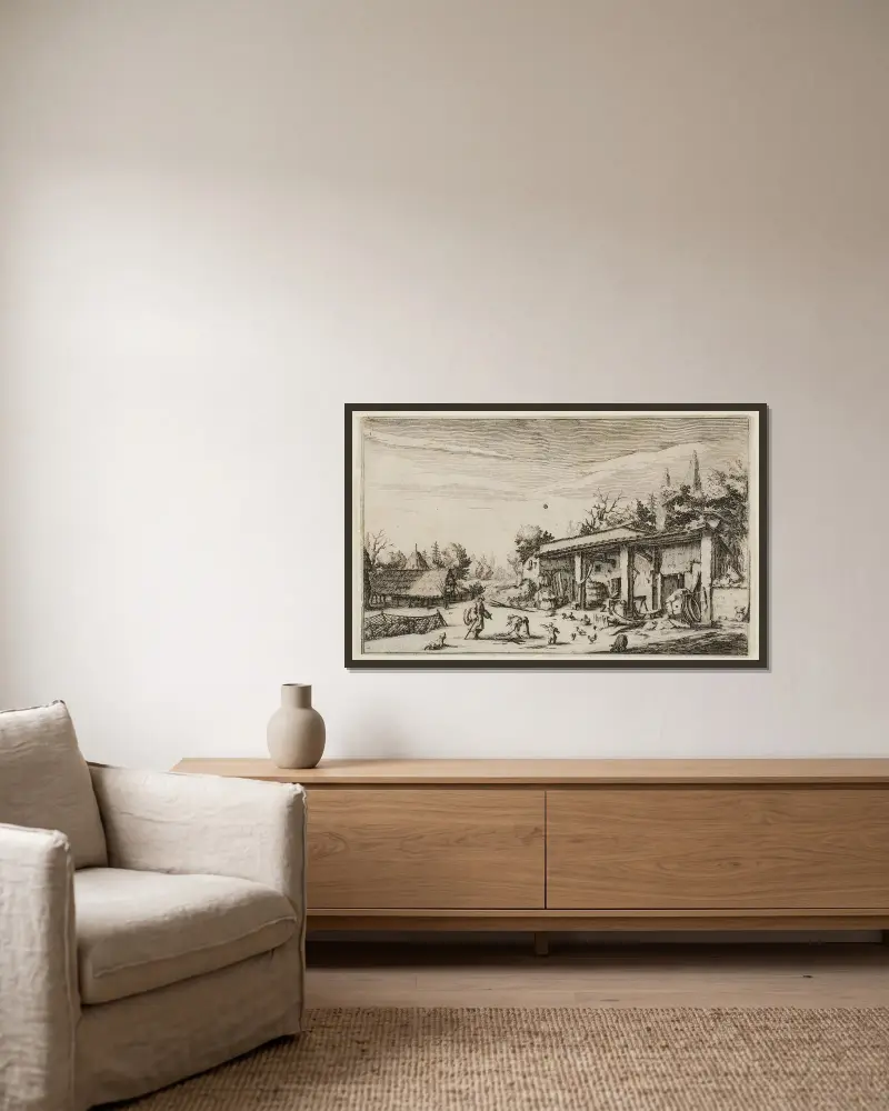 The Little Farm von Jacques Callot gerahmt an einer Wand
