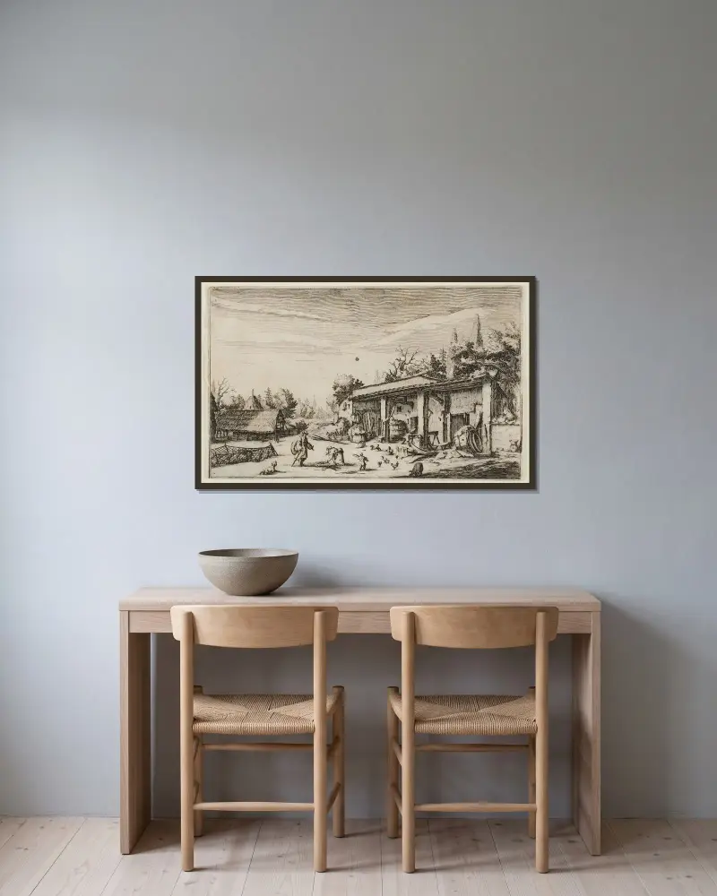 The Little Farm von Jacques Callot gerahmt an einer Wand
