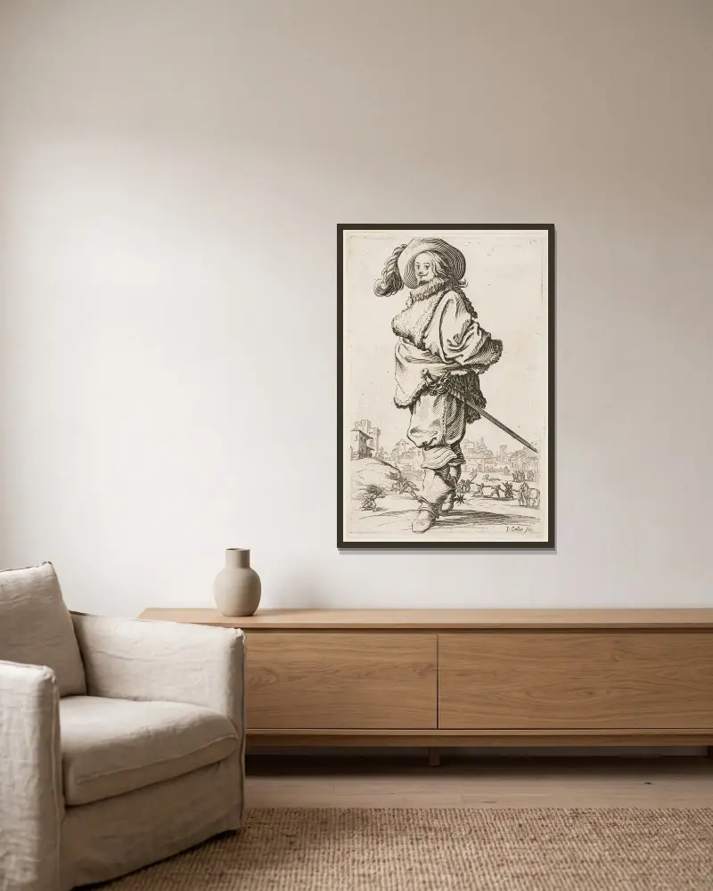 Der Adel Lothringens – Gentleman im pelzbesetzten Mantel, 1620 – Nr. 1 von Jacques Callot gerahmt an einer Wand