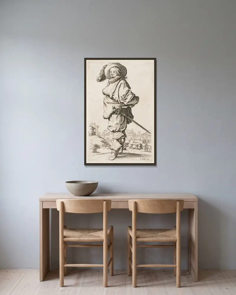 Der Adel Lothringens – Gentleman im pelzbesetzten Mantel, 1620 – Nr. 1 von Jacques Callot gerahmt an einer Wand
