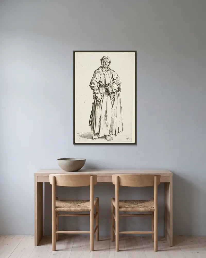 Den enögda kvinnan av Jacques Callot inramad på en vägg