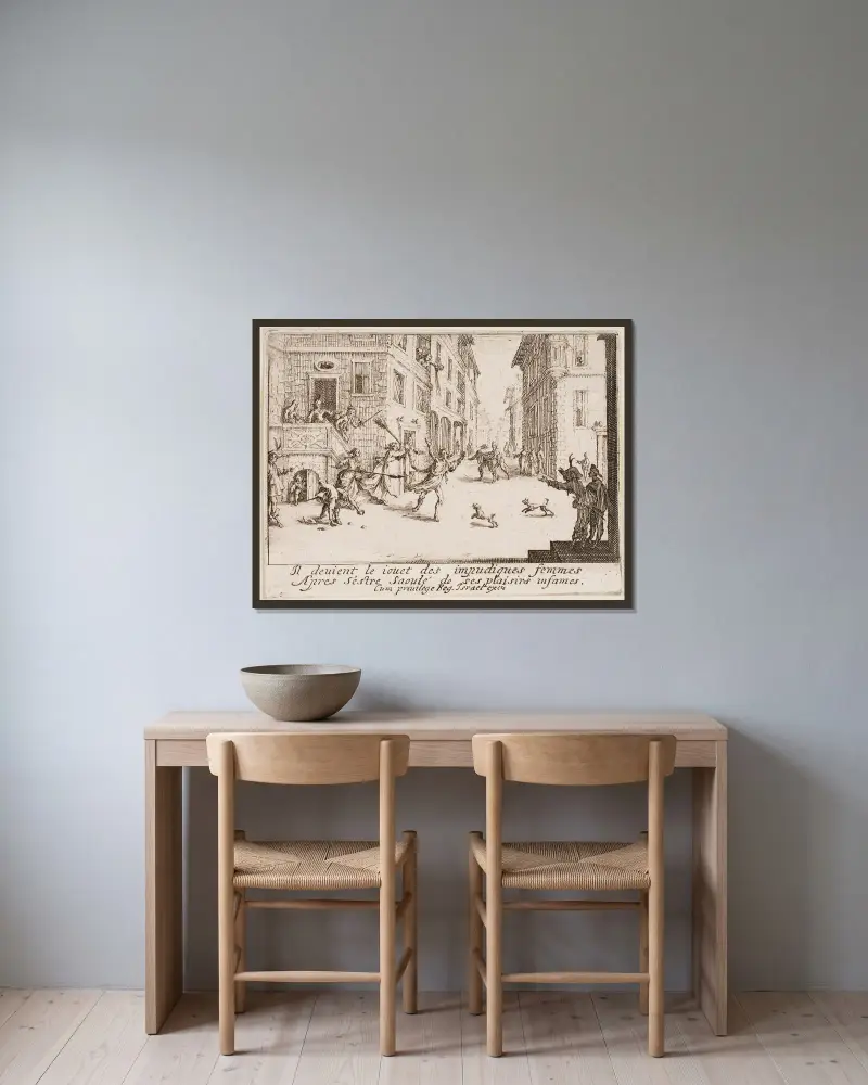 Den förlorade sonen i ruin av Jacques Callot inramad på en vägg