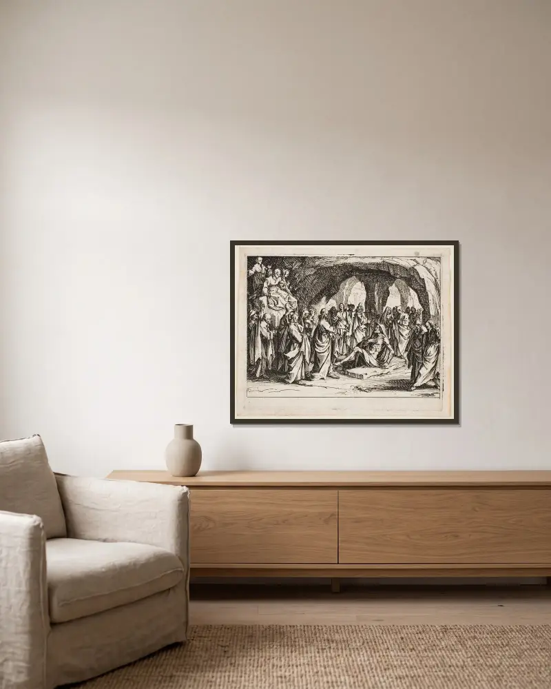 Die Auferweckung des Lazarus von Jacques Callot gerahmt an einer Wand