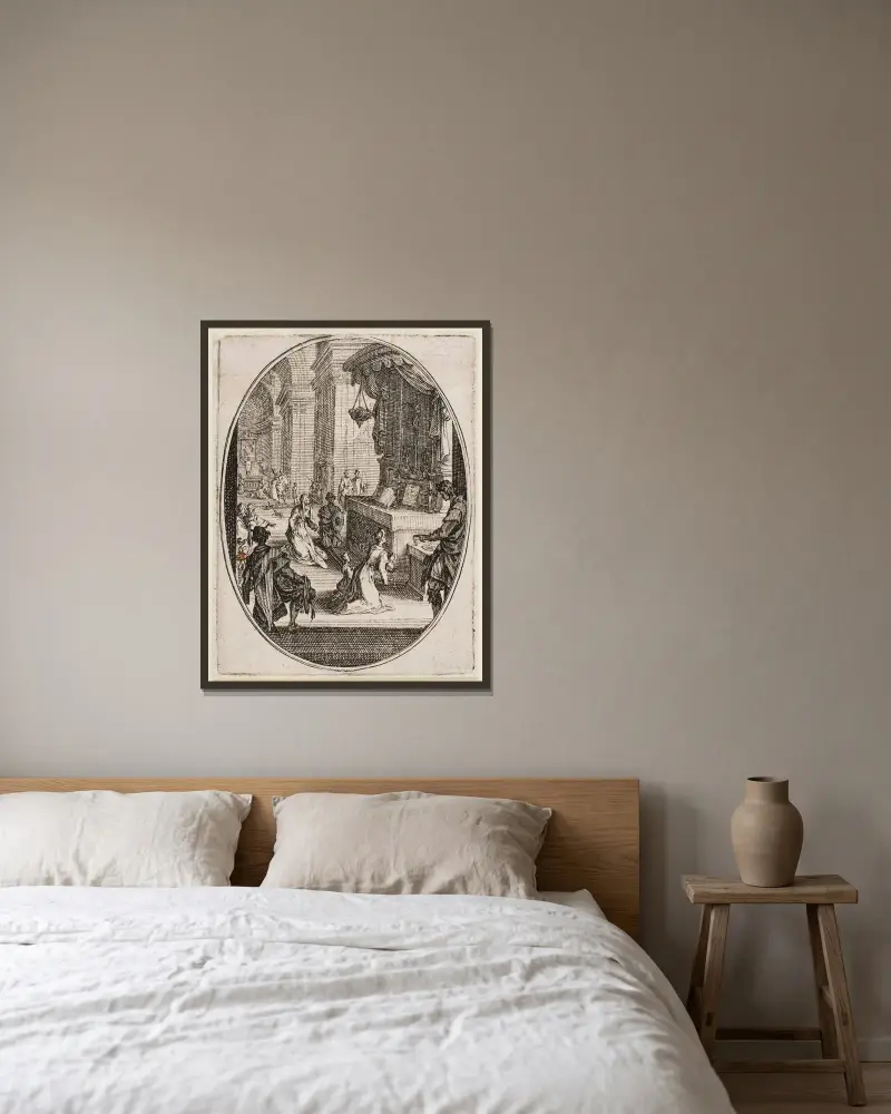 Offer – Guds tillbedjan av Jacques Callot inramad på en vägg