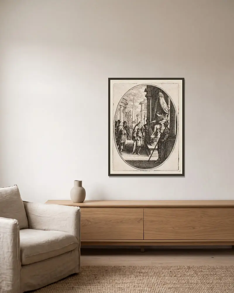 Die Opfer – Die Anbetung des Menschen von Jacques Callot gerahmt an einer Wand