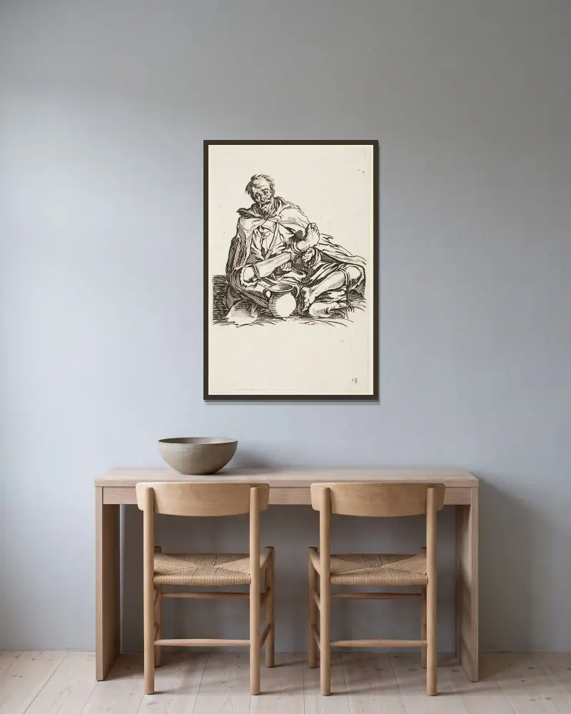 Den sjuke mannen av Jacques Callot inramad på en vägg