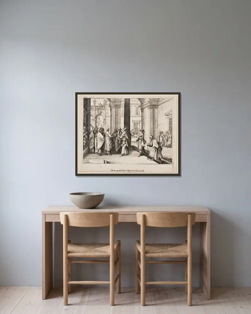 Der Zinsgroschen von Jacques Callot gerahmt an einer Wand