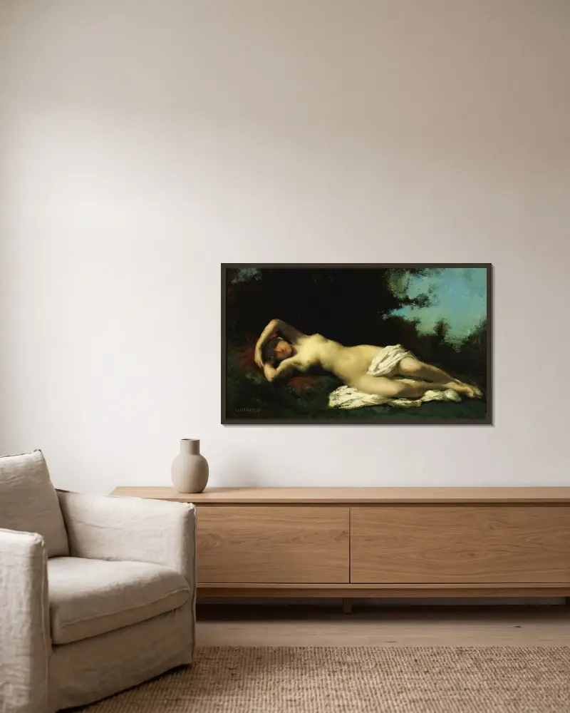 En nymf i ett skogslandskap av Jean-Jacques Henner inramad på en vägg